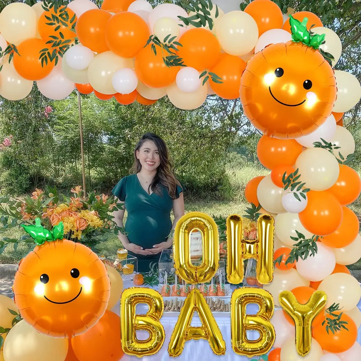 Цитрусовые оранжевые белые воздушные шары зеркальные с зелеными листьями