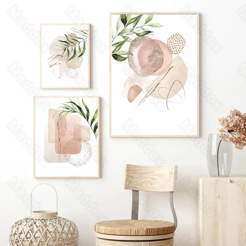 

Frameless Style Simple Morandi Color Abstract Geometric Figures Green Leaves Golden Dots Niche Creative Hanging Paintings