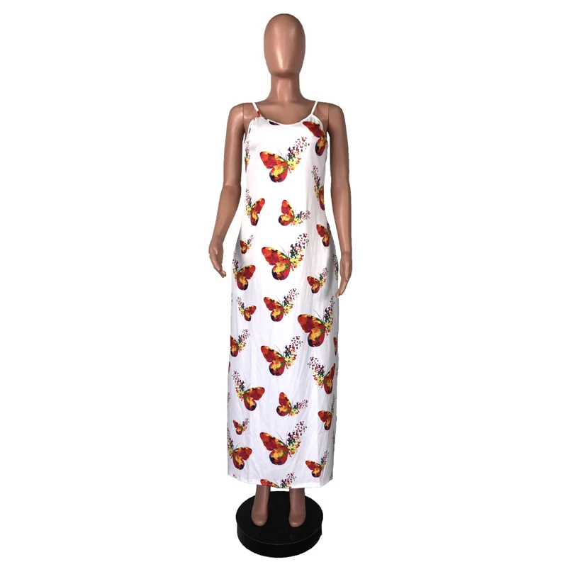 

Spaghetti Strap Summer Long Party Dress For Women Colorful Butterfly Print Boho Beach Dress Casual Sleeveless Open Back Dresses