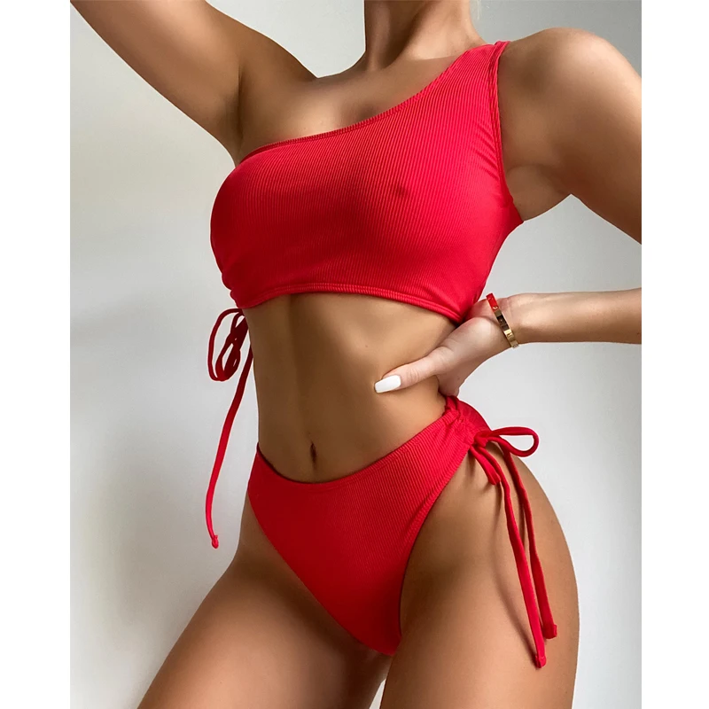 

Ribbed One Shoulder Bikini Female Drawstring Swimsuit Swimwear High Waisted Two-piece Bikini Set 2022 Bather Bathing Suit Swim