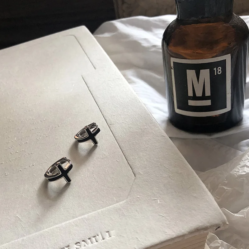 

Genuine 925 Silver Earring Vintage Religious Black Dripping Cross Woman Jewelry Punk Goth Party Women's Earrings Accessories