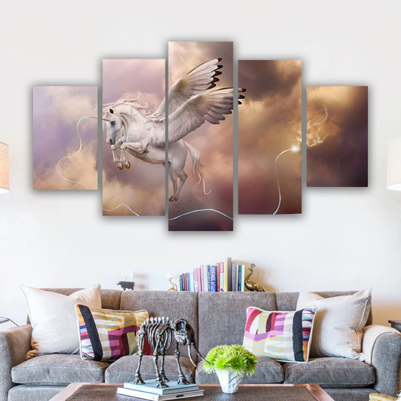 

5 Pieces Wall Art Canvas Painting Animal Poster Fantasy Unicorn Pegasus Home Decorative Modular Wall Pictures For Kids Room
