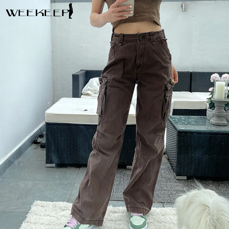 

Weekeep Streetwear Baggy Denim Jeans Women High Waist Pockets Patchwork Casual Cargo Pants Harajuku Vintage Brown Straight Jeans
