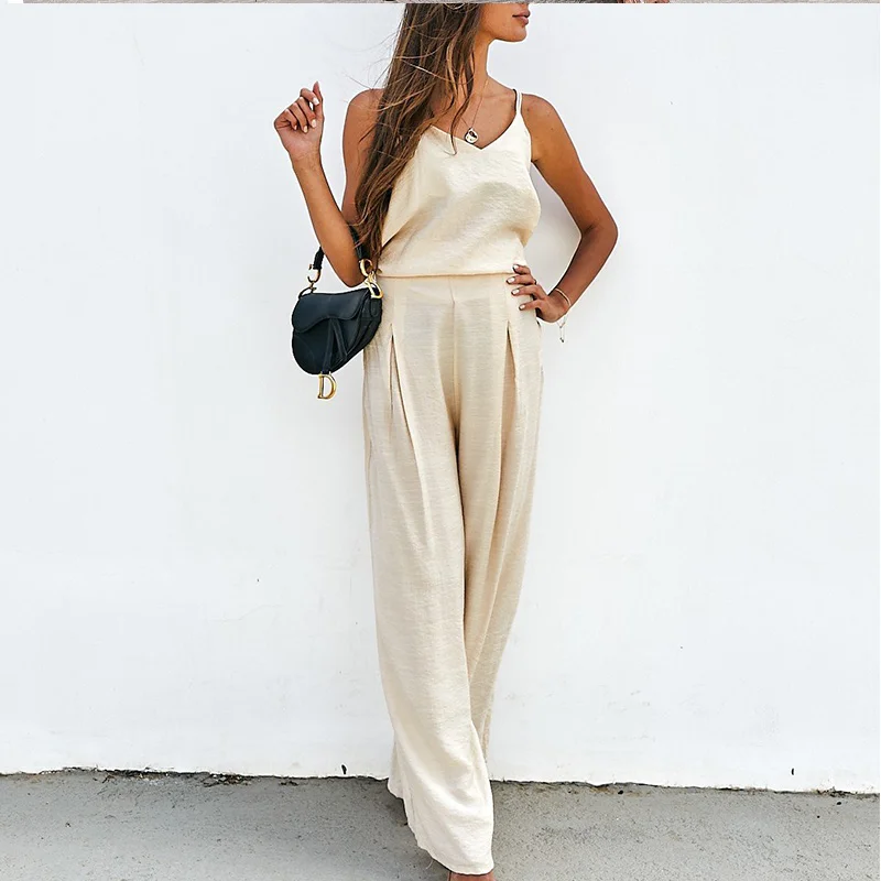 

Женский летний комплект из двух предметов, однотонный топ без рукавов и широкие штаны с высокой талией, 2021