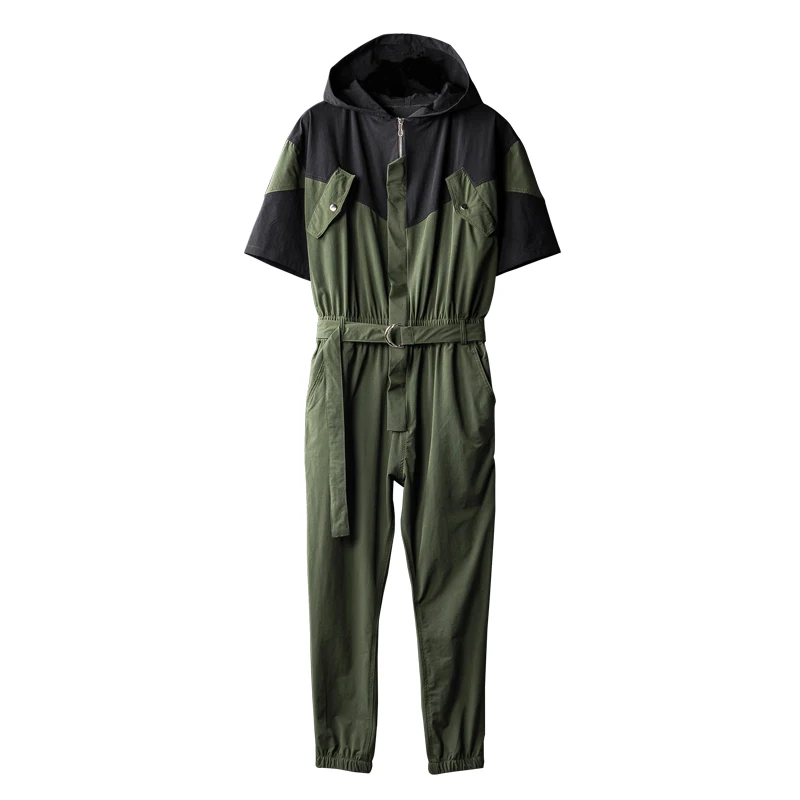 Mens Womens Streetwear Short Sleeve Jumpsuit One Piece Hooded Jacket Pant Couple Clothing Men's Bib Overalls Working Coverall