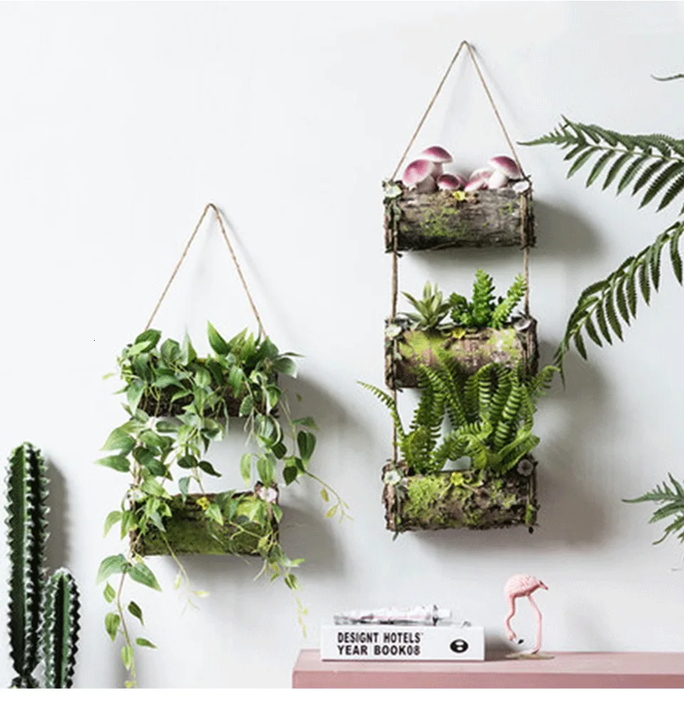 Household Wall Hanging Flower Pot Natural Bark Flower Pot Handmade Hemp Rope Bow Vertical Flower Pot Creative Wall Decoration