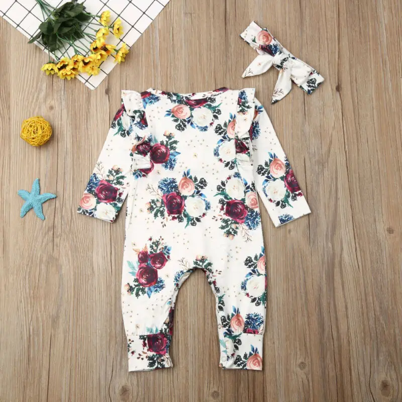 

Newborn Infant Baby Girl Clothes Kid Ruffle Long Sleeve Floral Romper Jumpsuit Headband Outfit Baby Rompers