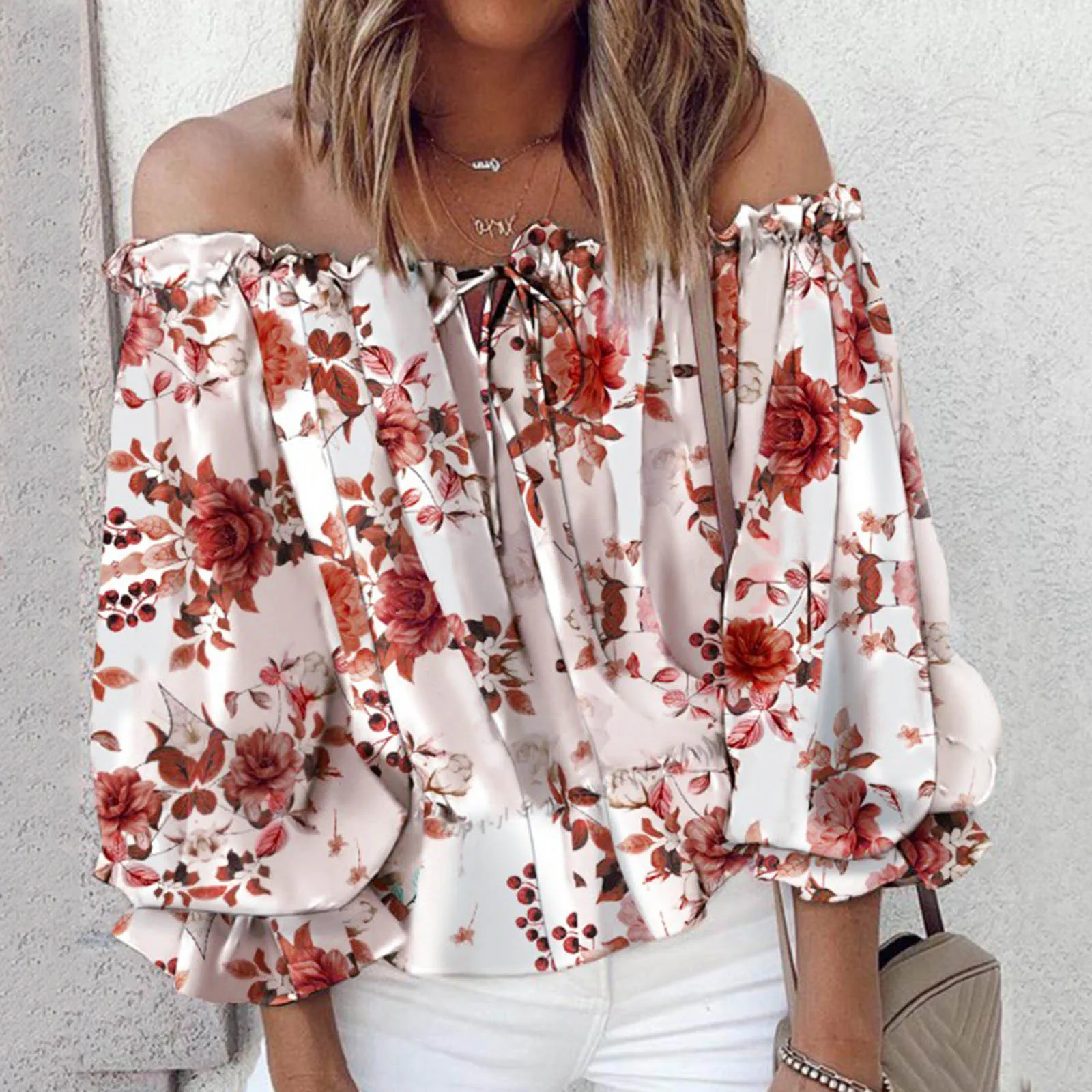 

Summer Women Blouse Sexy Off Shoulder Floral Print Lantern Sleeve Frill Hem Ruched Top Vacation Party Womens Tops And Blouses