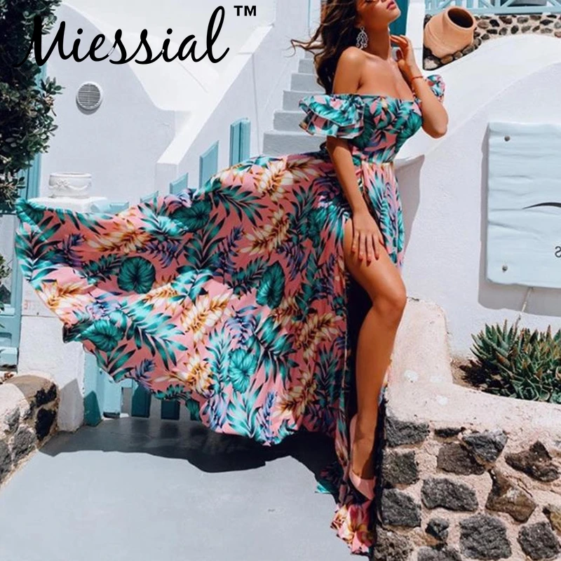 Miessial цветочное Платье макси с открытыми плечами и оборками женское осенне зимнее