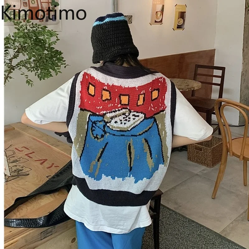 

Трикотажный Свитер Kimotimo с мультяшным принтом, женская верхняя одежда в Корейском стиле, шаль, жилеты, универсальный жилет без рукавов на осе...