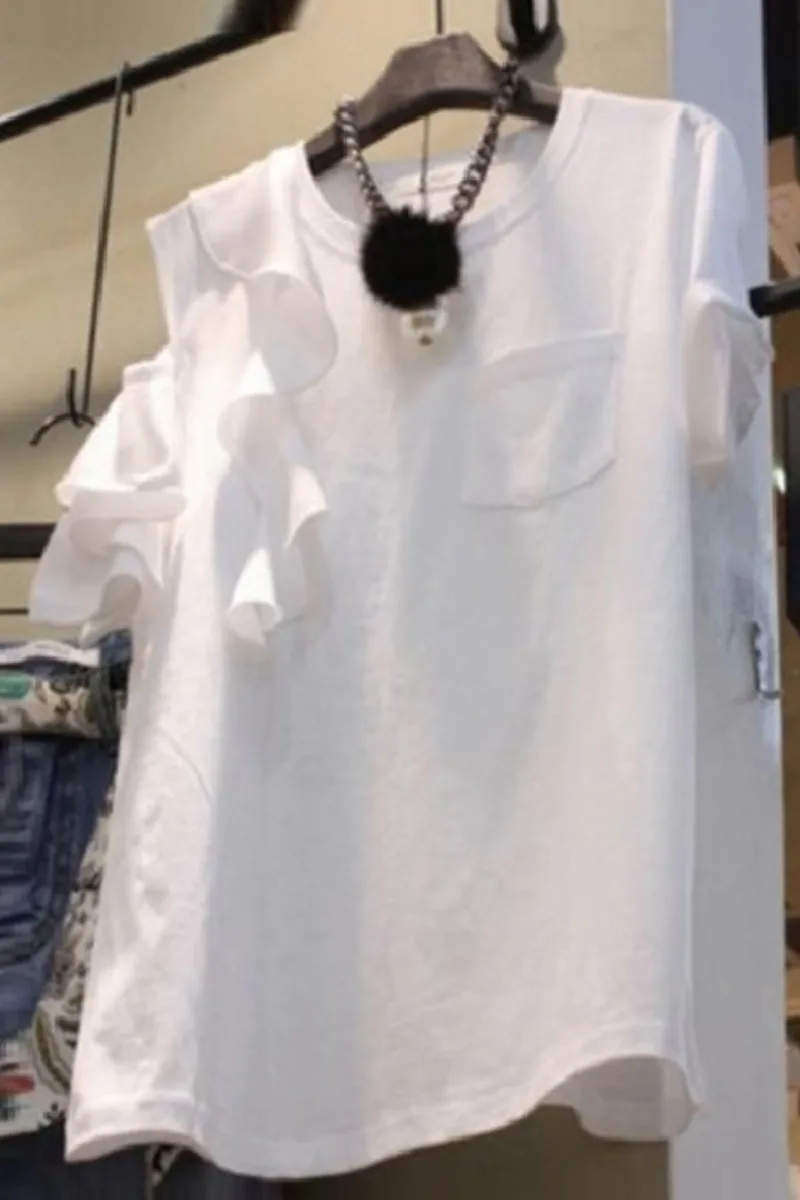 

2021 Spring Summer New Ruffles Patchwork Off-the-shoulder Hollow Out Short-sleeved Solid White T-shirt Women's Tops