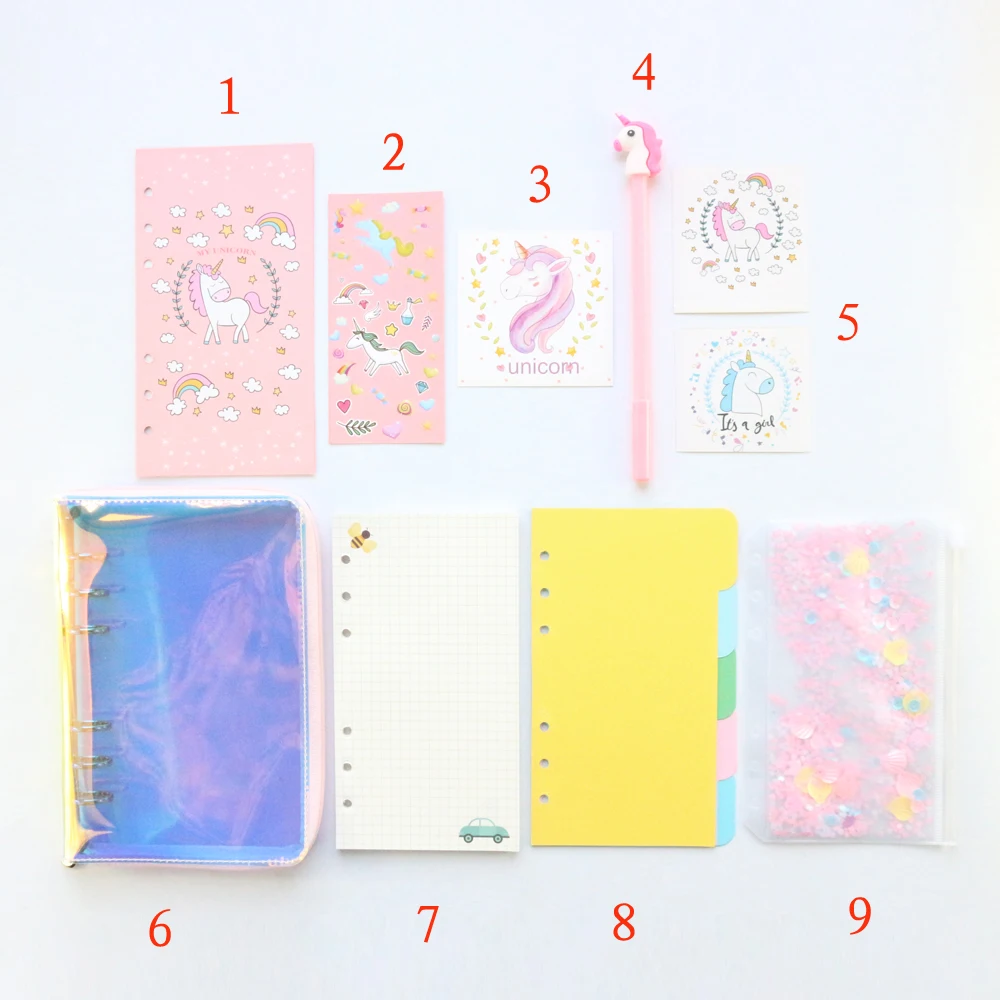 Domikee cute laser transparent PVC zipper refillable binder spiral notebooks kawaii office school unicorn notebook stationery A6 |