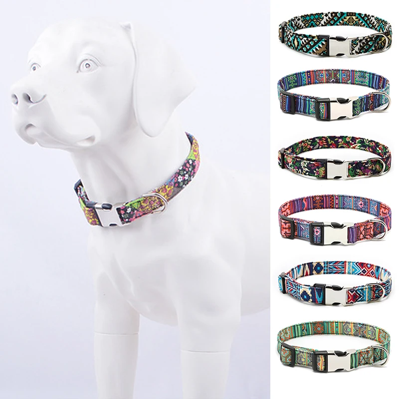 

Bohemia Small Dog Collar Adjustable Ethnic Style Floral Half-Metal Buckle Dog Collar Bohemian Colorful Small Floral Dog Collar