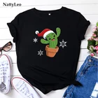 Футболка женская с рождественским принтом кактуса, милая рубашка из 100% хлопка, с круглым вырезом и коротким рукавом, топ, размера плюс, лето