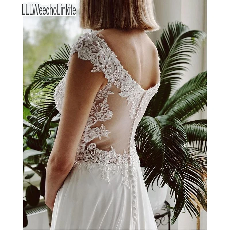 

Ivory Chiffon Lace Beading A-Line Wedding Dresses Chapel Train Sleeveless Floor-Length V-Neck Bridal Gowns Custom Made
