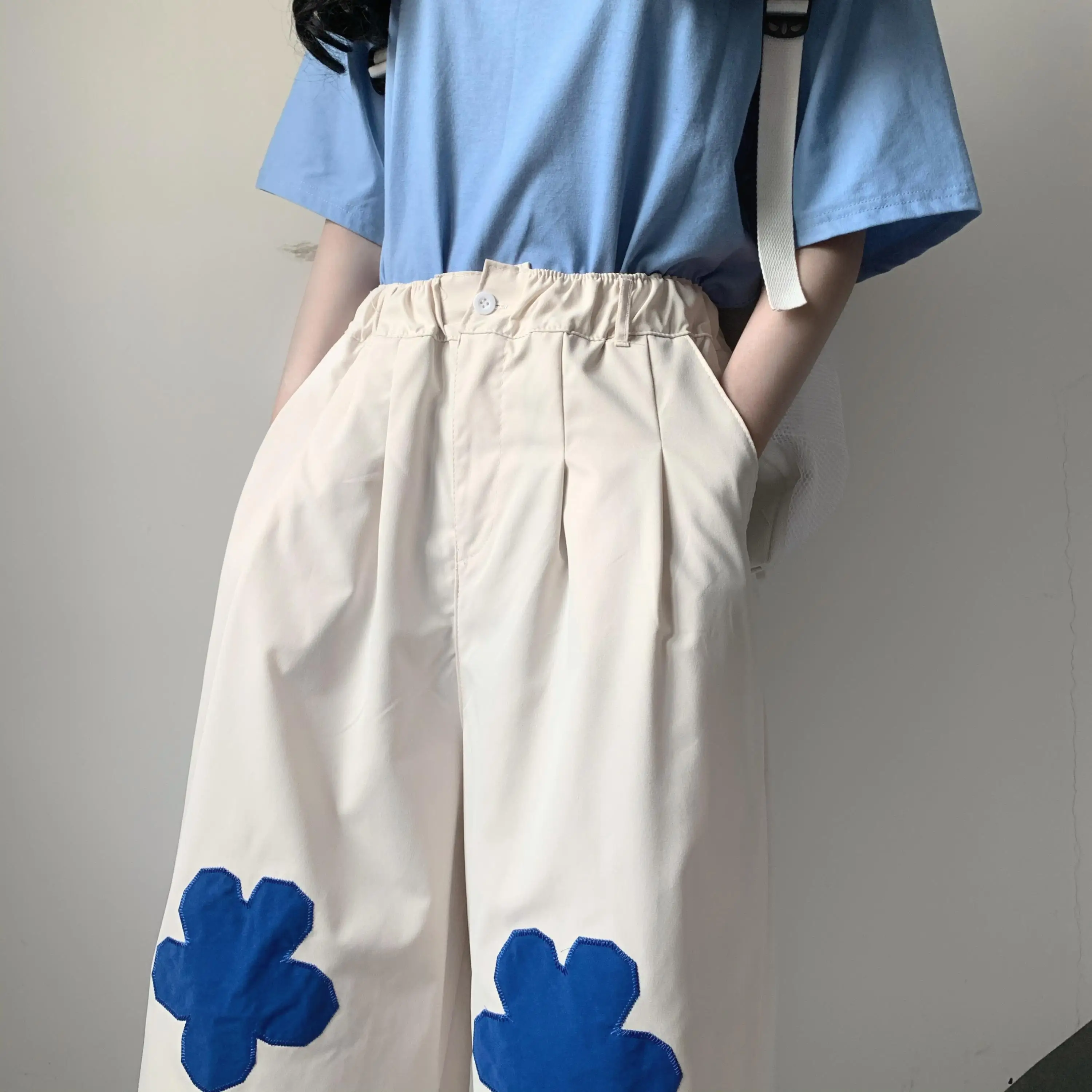 

Sweet Women Pants Beauty High Waist Design Flower Embroidery Loose And Thin Straight Wide Leg Pants Kawaii Women Clothes Summer