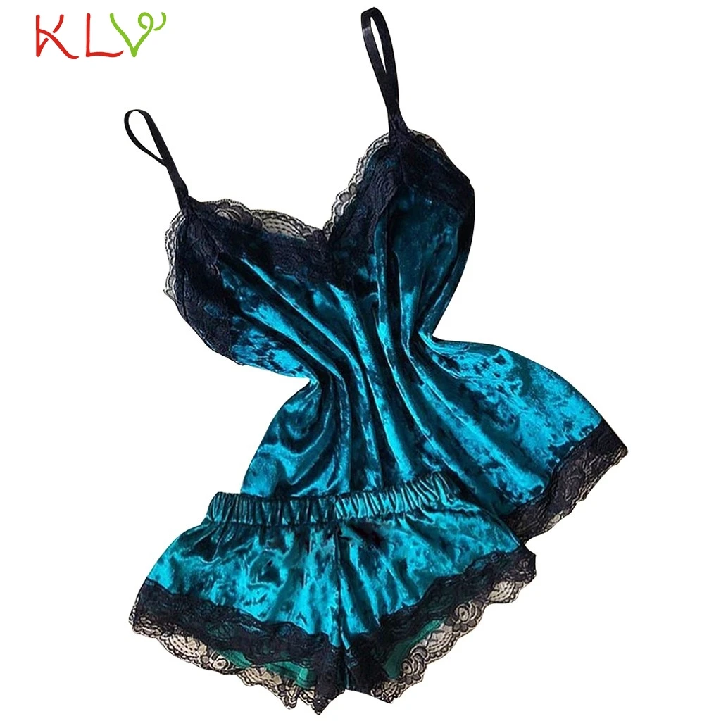 

Pyjamas Women Velvet Bow Sleepwear Sleeveless Strap Nightwear Lace Trim Cami Top Pajama Sets Femme Sexy Lingerie Summer 19Dec