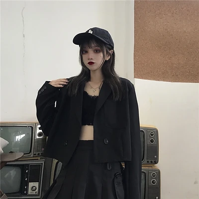 Black small suit jacket 2020 new autumn fashion temperament leisure student long-sleeved short dress | Женская одежда