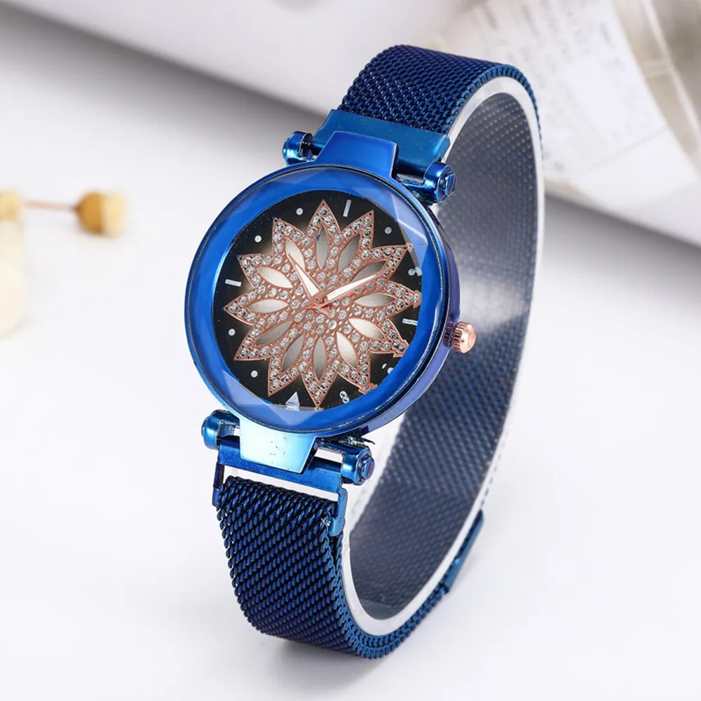 Новые модные женские часы с цветком и циферблатом бриллиантом магнитной пряжкой