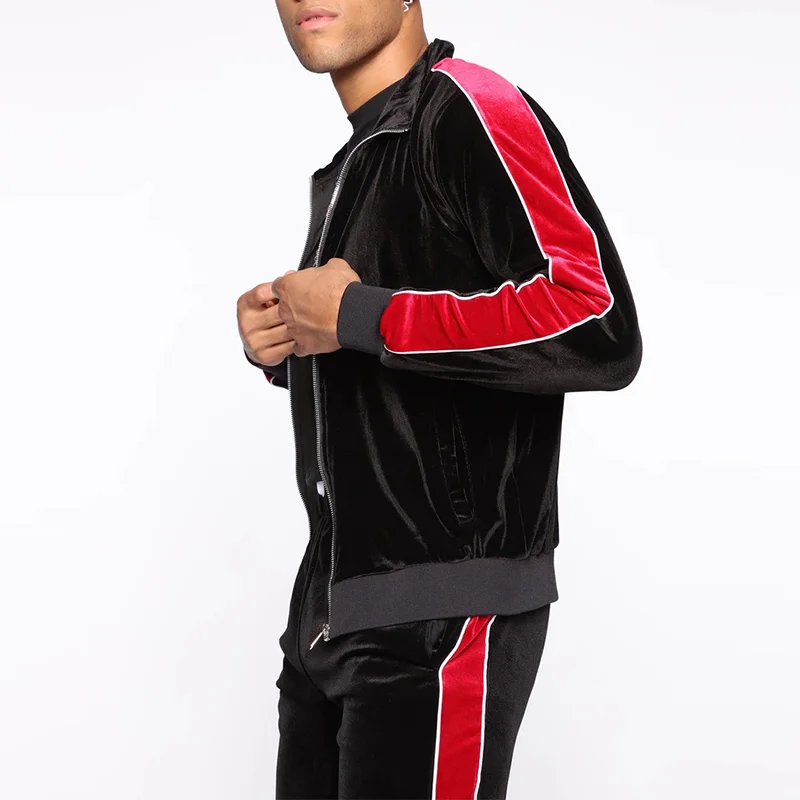 

trendy two piece sets velour zip up long sleeves track jacket side striped pants sport tracksuit mens