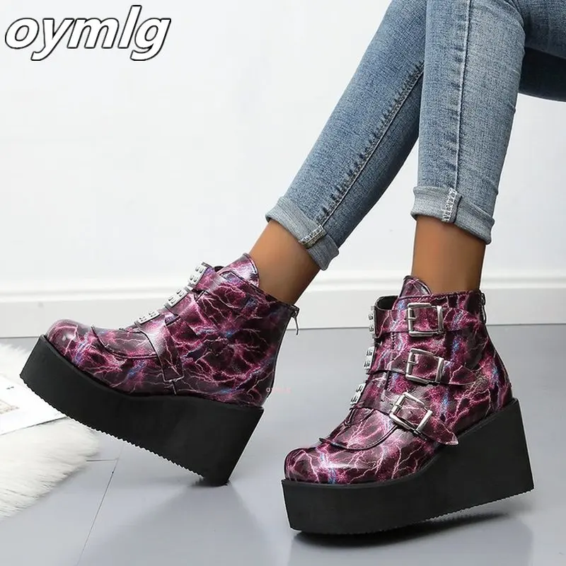 

High Platform Ankle Boots Women 2020 Fashion PVC Strap Decorating High Wedges Shoes Woman Round toe Ladies Winter Boot