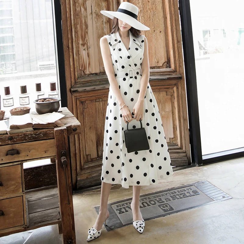 

Women's Summer Sundresses Elegant Polka Dot Dress 2021 Korean Clothing Fashion Holiday Sleeveless Maxi Dress Femme Robe