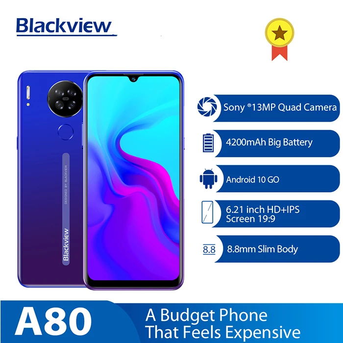 

Blackview A80 Android 10.0 Go Quad Rear 13MP Camera Mobile Phone 6.21 Waterdrop Screen 2GB+16GB Cellphone 4200mAh 4G Smartphone