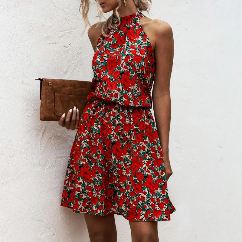 

Summer Sexy Halter Lace Up Floral Print mini Dress 2020 vintage short sleeveless dress beach Casual party Dress for Women
