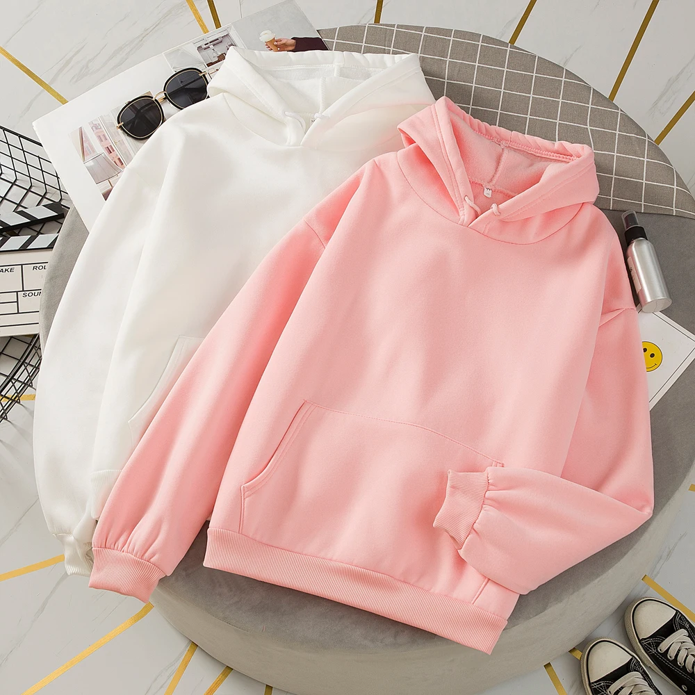 

Свитшот женский оверсайз в стиле Харадзюку, однотонный топ с капюшоном, простой пуловер с круглым вырезом и длинными рукавами для мужчин и ж...