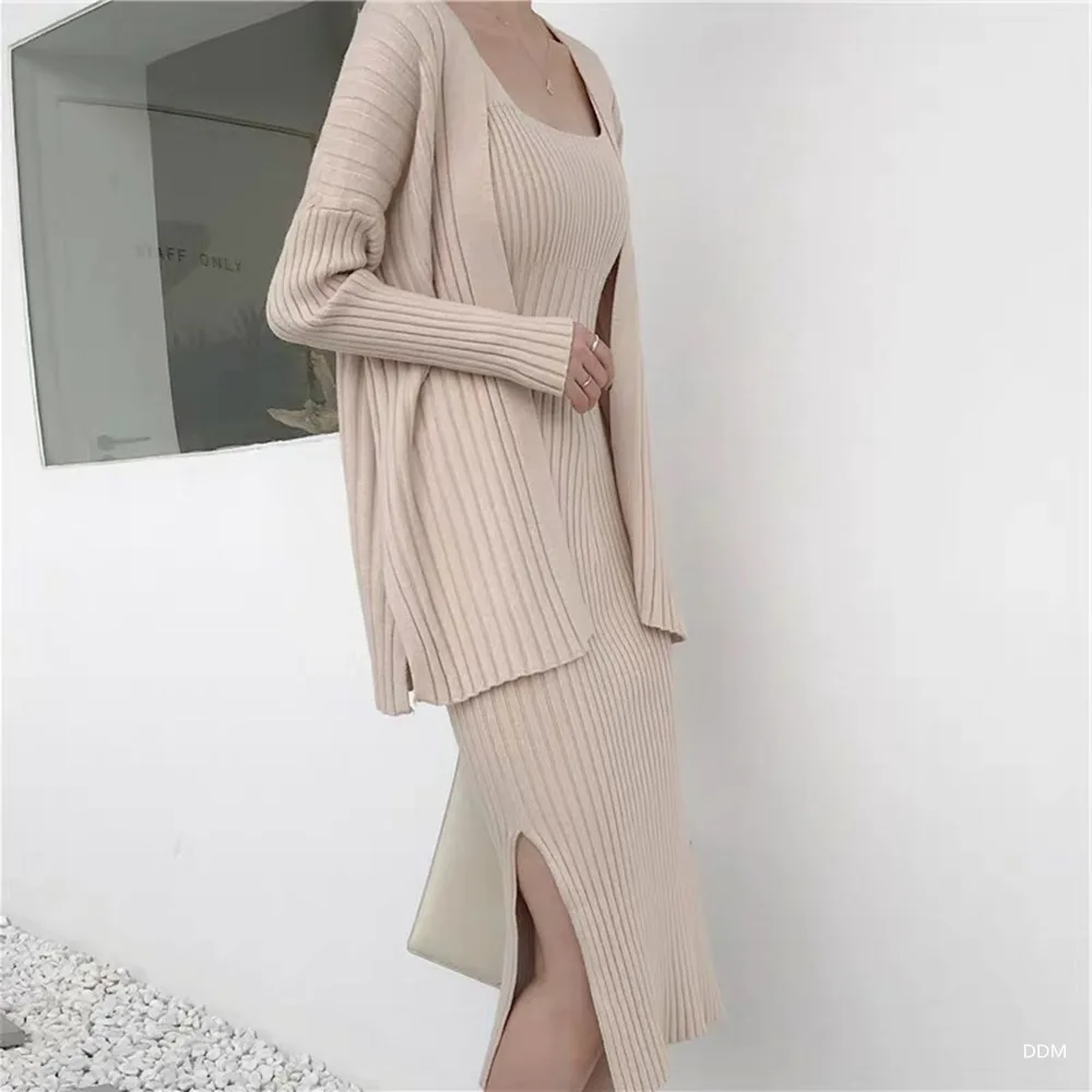 

VOLALO New High Quality Winter Women's Casual Long Sleeved Cardigan + Suspenders Sweater Vest Dress Two Piece Runway Dress Suit