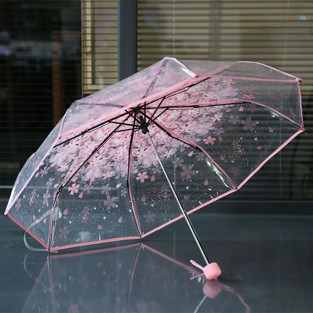 Folding Cherry Umbrella Transparent Clear Three 8 Rib Windproof Umbrellas Women Rain Newest | Дом и сад