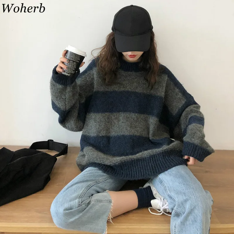 Woherb Women Oversized Thin Sweater Vintage Striped Loose Pullover Streetwear Autumn Knitted Jumper Femme 2021 Sueter Mujer | Женская