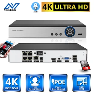 NINIVISION 4CH 4K POE NVR Face Recognition H.265+ Network Video Recorder Audio Recording IP Camera P2P System