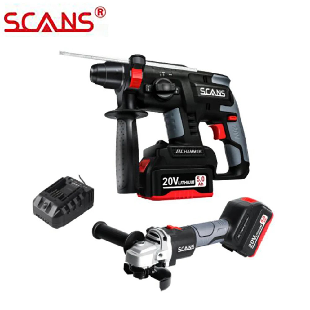 SCANS K233 Tools 20V Cordless Power Tools Li-ion Angle Grinder and Rotary Hammer Combo Kit with 2*5.0Ah Batteries