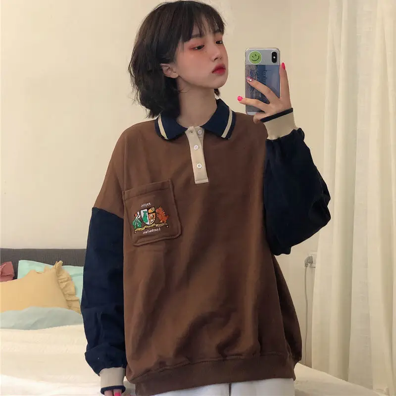 HOUZHOU Women Sweetshirts Kawaii Harajuku Pullovers Polo Sudaderas Vintage Clothes Korean Fashion Street Style Tops Patchwork