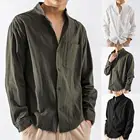 Мужская однобортная футболка, Однотонная рубашка с длинными рукавами и карманами для свиданий, осень 2021