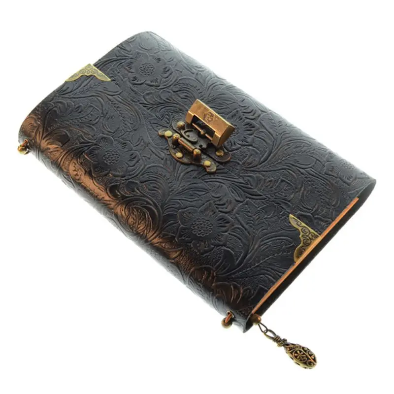 

Embossed Pattern Soft Leather Travel Notebook with lock Key Diary Notepad Kraft Paper for Sketching Writing