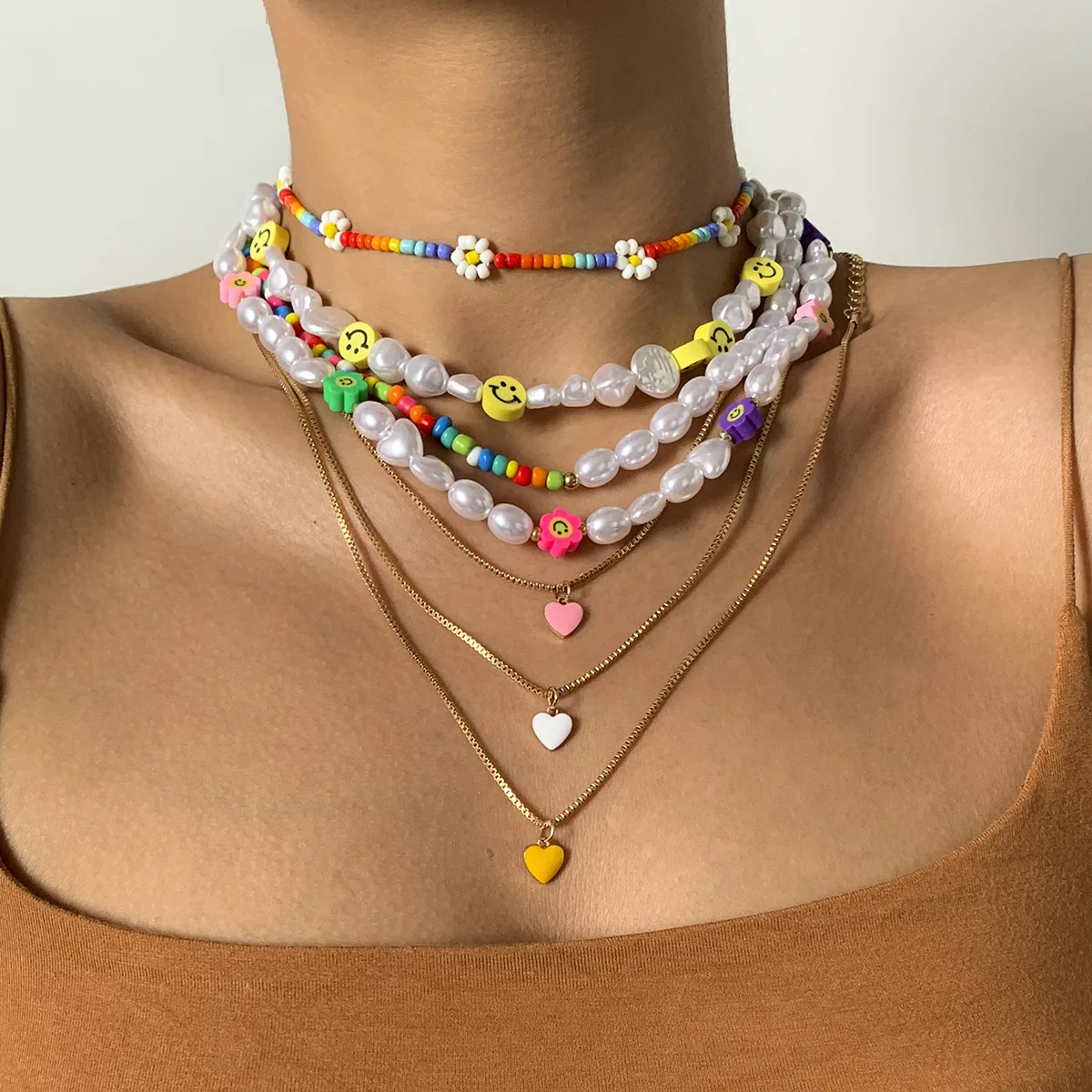 

Multi Layer Colorful Heart Pearl Necklaces For Women Fashion Chain Beads Necklace With Pendant Women's Jewelry Sets Choker Gift