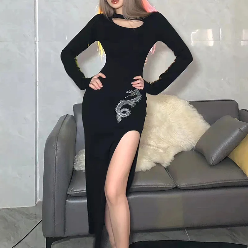 

Autumn Winter Women's Long Skirt Fashion Elegant High Waist Irregular Long Sleeve Sexy Split Dress Women Casual Party Dresses