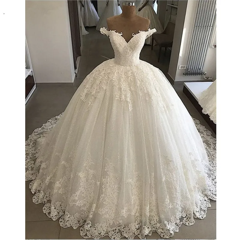 

Ball Gown V-neck Off Shoulder Lace Dubai Arabic Wedding Gown Ivory Bride Dress Real Vestido De Noiva 2019 Muslim Wedding Dresses