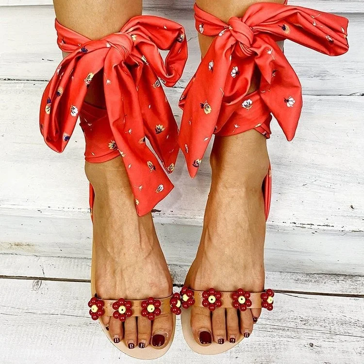 

2021 New Arrival Summer Cloth Lace Up White Red Yellow Blue Flower Decoration Flat Sandals For Ladies And Womens