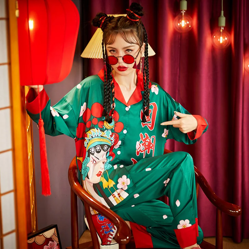 Summer Pajamas Women Sleepwear Chinoiserie The Tide High Quality Snow and Ice Silk Princess Style Spring Plus Size Pajama Set