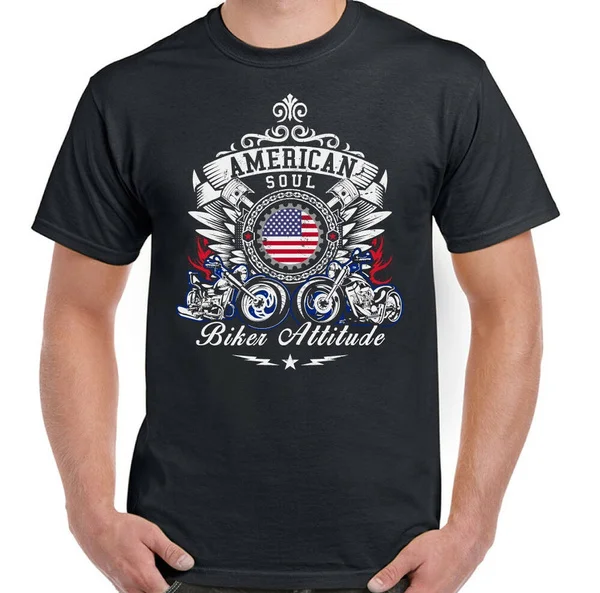 

American Soul Biker Attitude Mens Biker T-Shirt Motorcycle Bike USA America