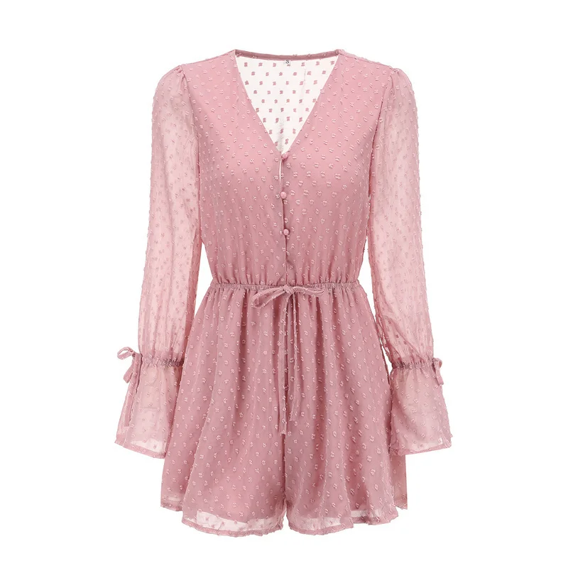 Женский пляжный комбинезон в горошек розовый прозрачный богемном стиле с