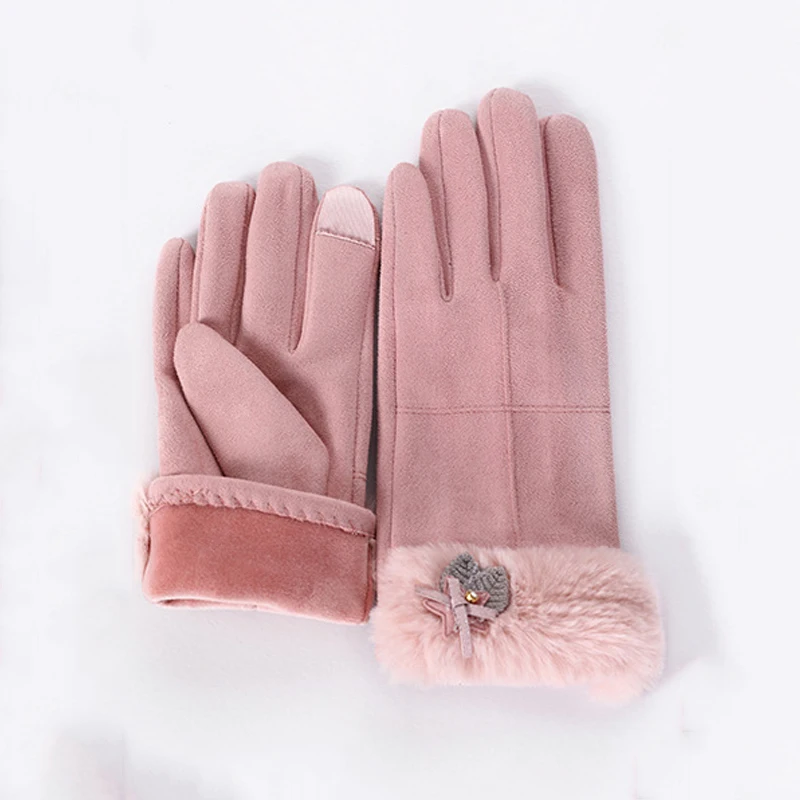 Женские замшевые перчатки для сенсорных экранов зимние двухслойные меховые