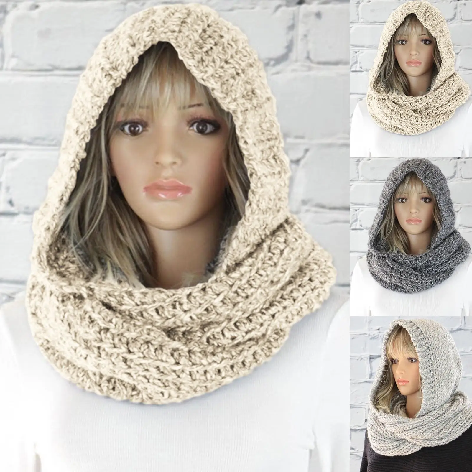 

Women Knit Scraf Warm Soft Autumn Winter Women Solid Color Warm Knit Scraf Woolen Yarn Hood Cap Neck Wrap shawls headband