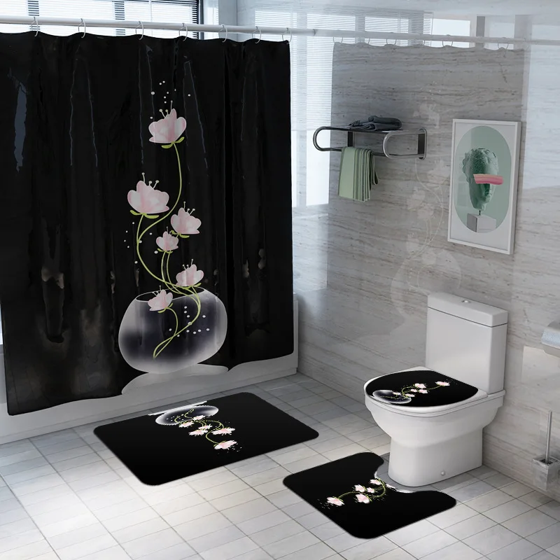 

Flowers Trees Shower Curtain Sets Colorful Tulip Lotus Non-Slip Rugs Toilet Lid Cover and Bath Mat Waterproof Bathroom Curtains