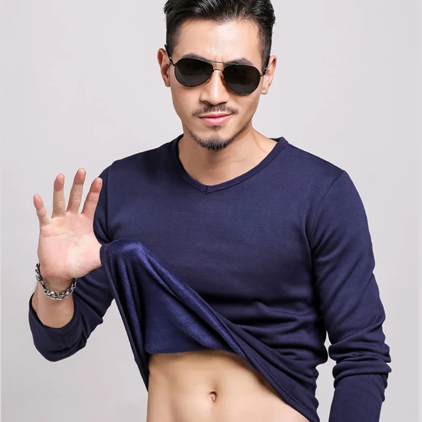 Осень зима мужские Термальность футболка мягкая бархатная плотная с длинными