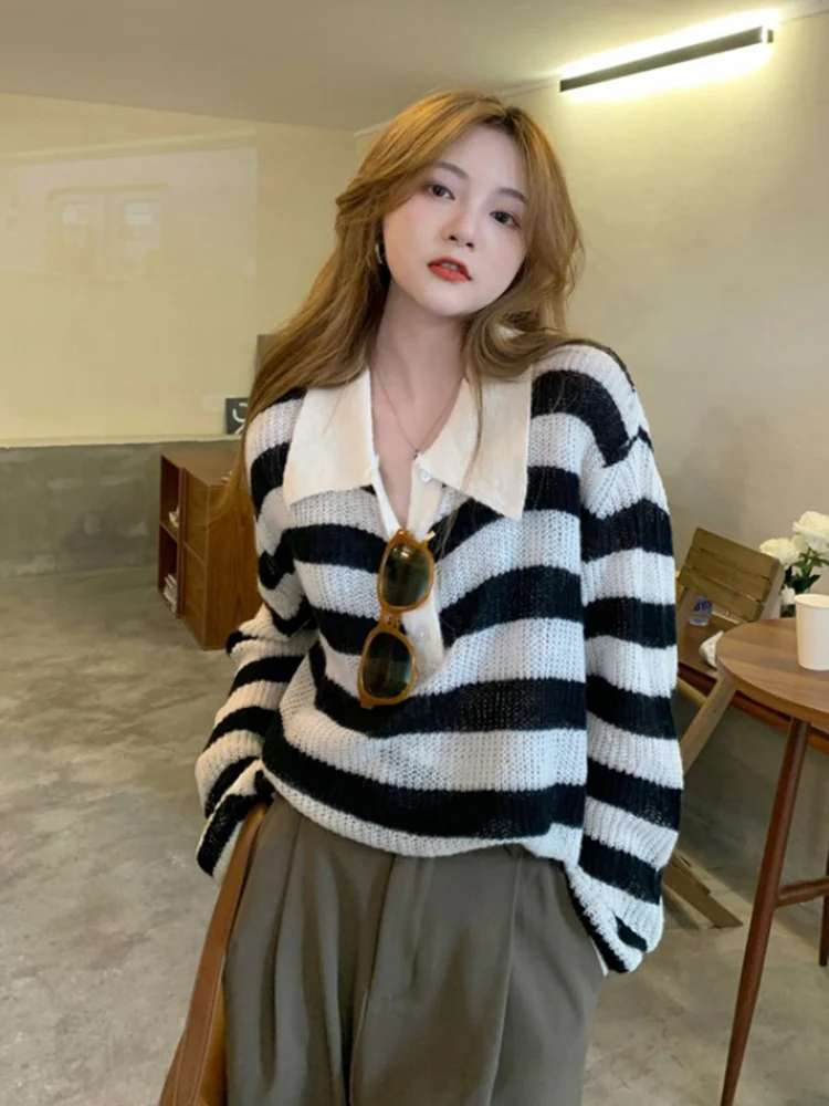 

2092 Spring Fall Women Knitted Sweater Fashion All-Matching Polo Neck Striped Knitwear Long Sleeves Thin Loose Female Pullovers