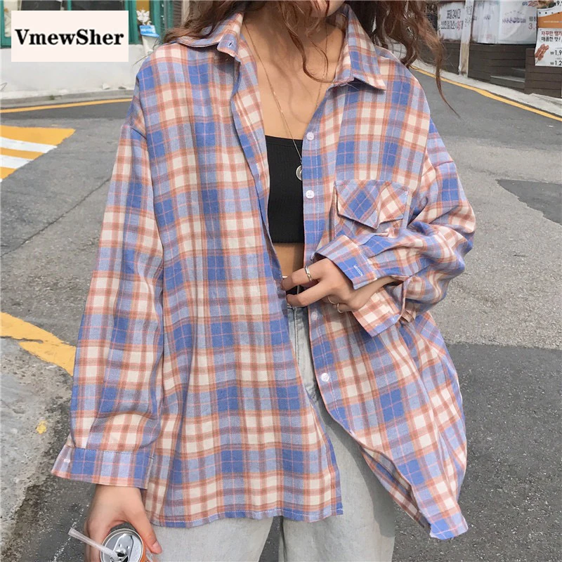 VmewSher New Plaid Shirt Women Spring Summer Long Sleeve Buttons Loose Tops Female Oversized Casual Vintage Female Blouse Coat